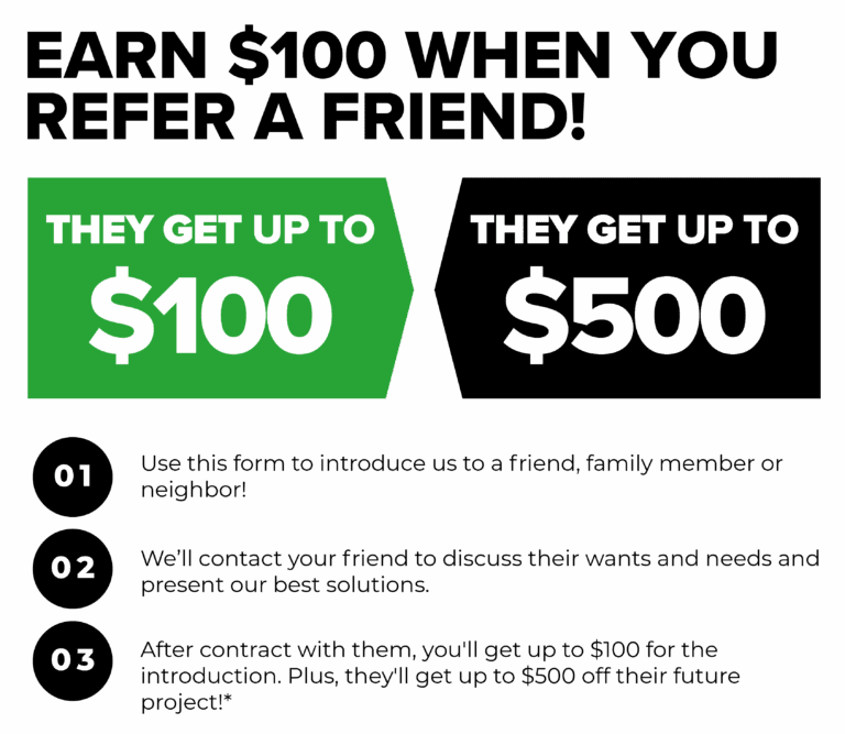 Earn $100 when you refer a friend. They get up to $500 off their project.